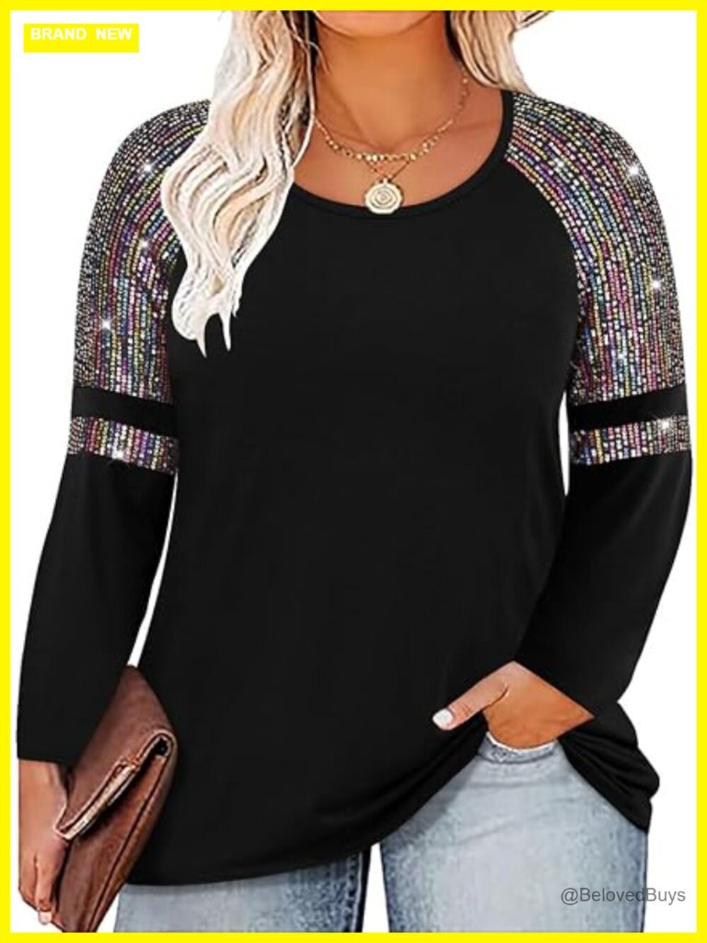 Plus Size Long Sleeve Crewneck Tunic T-Shirt with Color Block